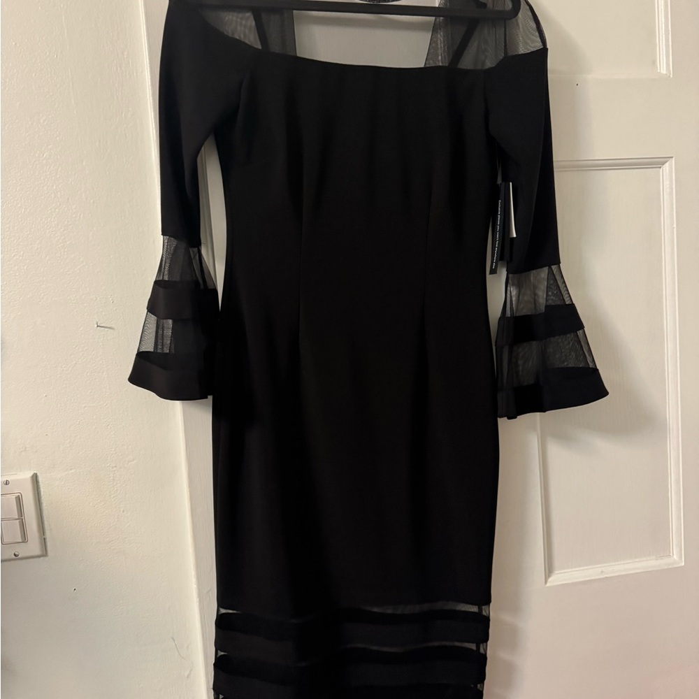 Bloomingdale's Black Off-Shoulder Bell Sleeve Sheath Dress
